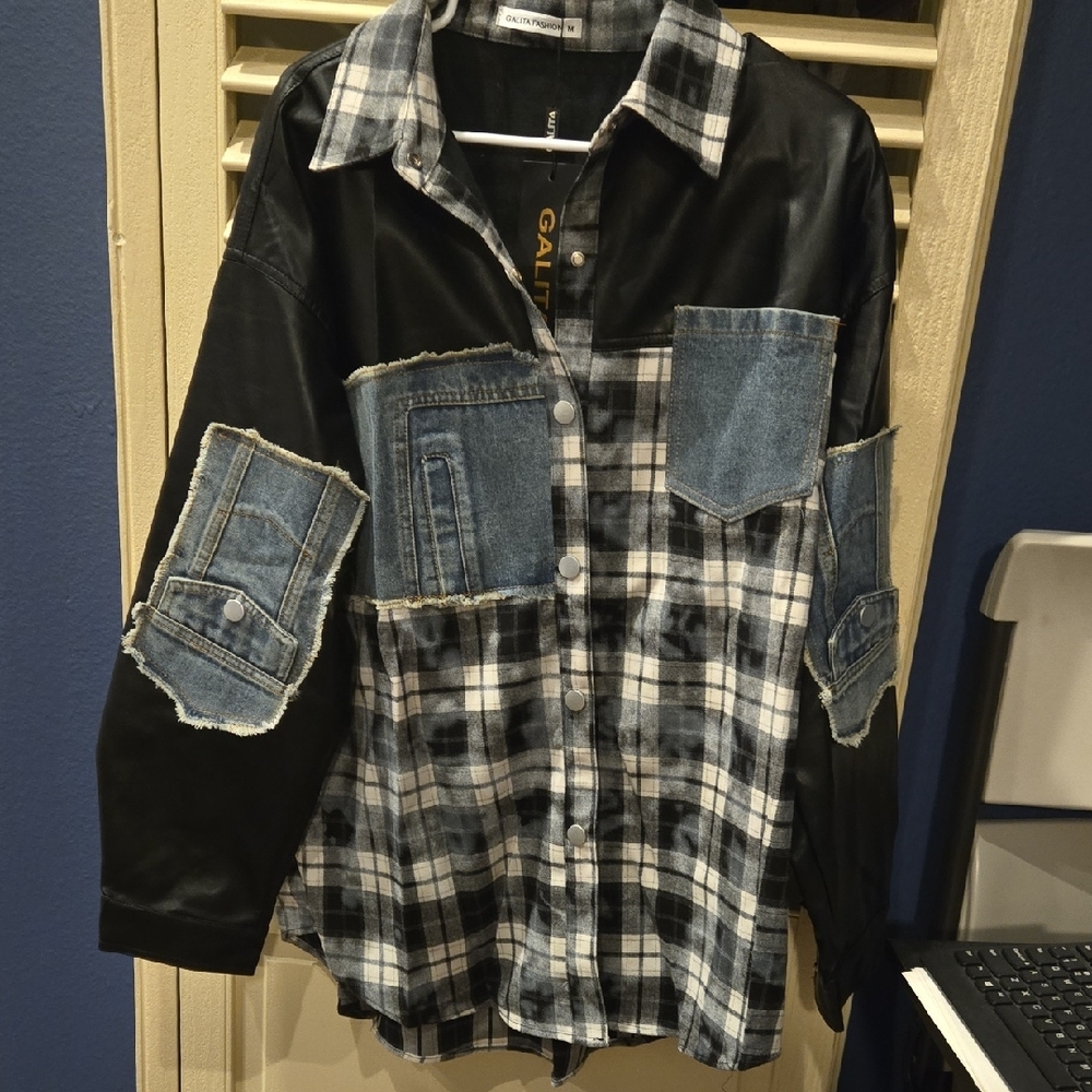Plaid and Denim Patchwork Shirt Jacket - Picture 3 of 9
